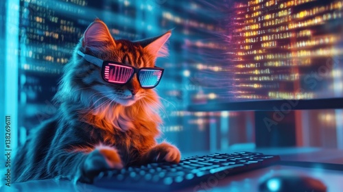Obraz na płótnie Cyberpunk feline coding in a neon-lit virtual world master programmer cat w salonie