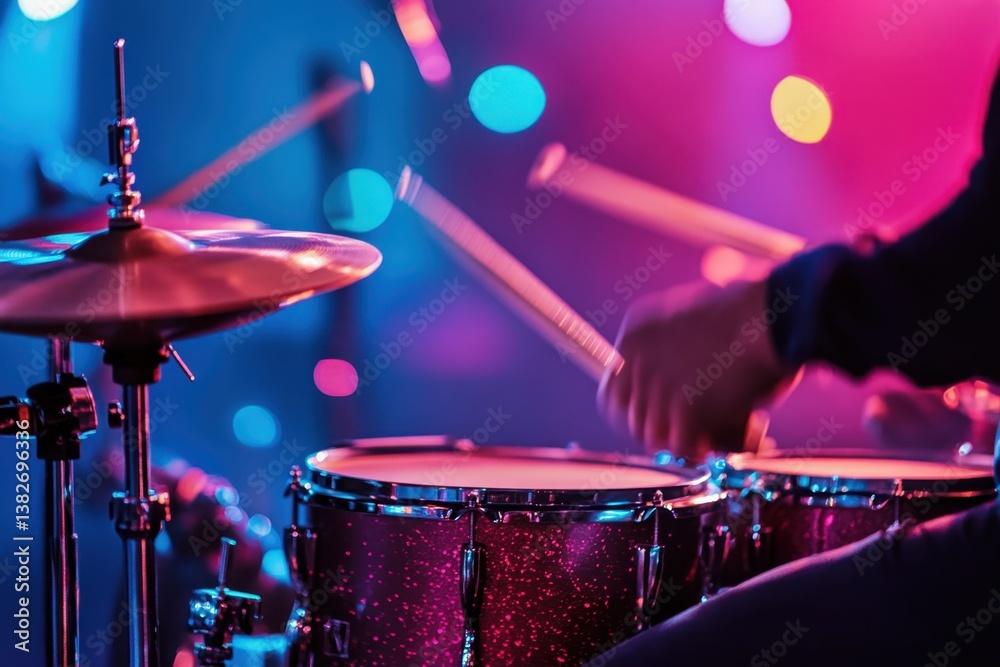 Naklejka premium Vibrant drumming performance during live music event with colorful lights