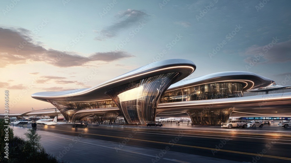 Spectacular architectural design of a futuristic airport transportation hub