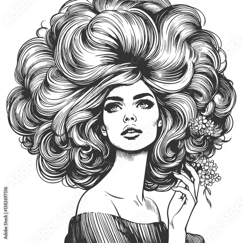 woman with an enormous, intricately curled hairstyle, blending surrealism, elegance, and vintage artistic style sketch engraving generative ai vector illustration. Scratch board. Black and white image