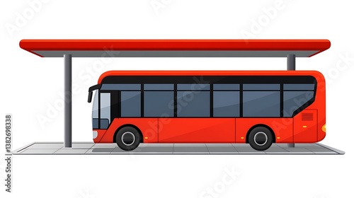 A red bus parked at a bus stop shelter waiting for passengers