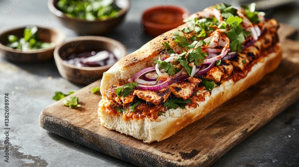 Delicious gourmet grilled chicken sandwich with fresh vegetables on wooden board