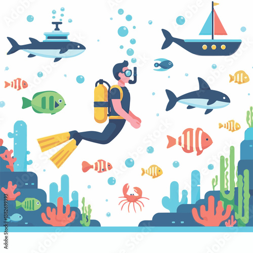 ocean, diver, sea, water, underwater, dive, marine, sport, swim, travel, diving, activity, aquatic, adventure, woman, nature, scuba, deep, tropical, isolated, extreme, leisure, illustration, man, vaca