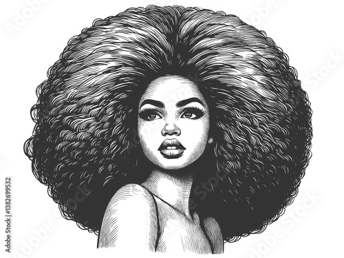 woman with a voluminous afro hairstyle and hoop earrings, exuding strength, beauty, and vintage artistic elegance sketch engraving generative ai vector illustration. Scratch board. Black and white.