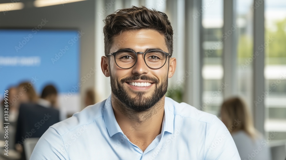 Obraz premium Smiling businessman in modern office showing confidence and charisma