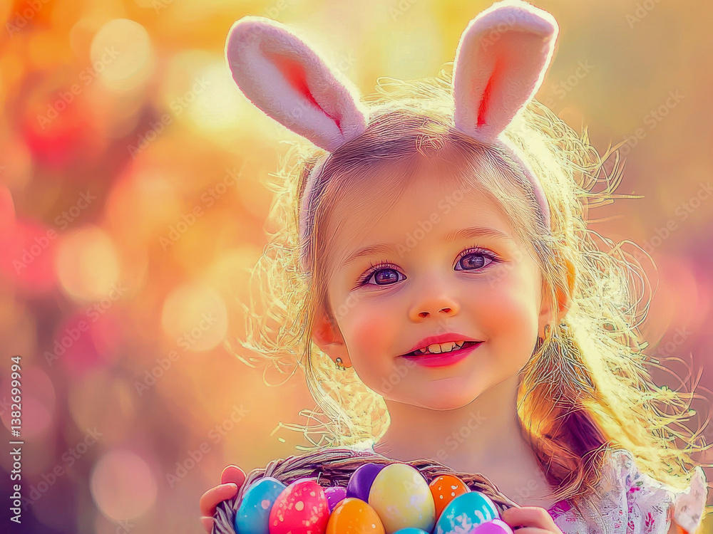 With a big smile and sparkling eyes, a cute little girl wearing bunny ears proudly shows off her Easter basket brimming with colorful eggs With a big smile and sparkling eyes, a cute little girl wearing bunny ears proudly shows off her Easter basket brimming with colorful eggs