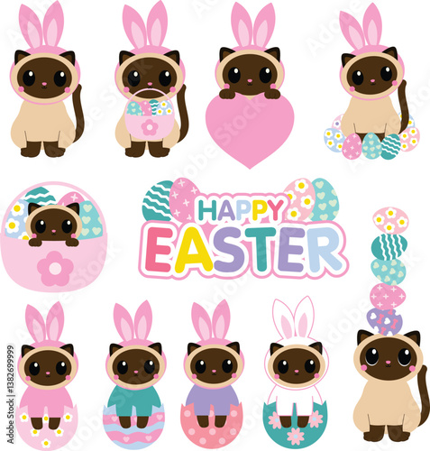Siamese cat, Easter, bunny ears, eggs, basket, heart, cute, cartoon, holiday, spring, festive, pastel, kawaii, animal, pet, feline, celebration, design, graphic, illustration