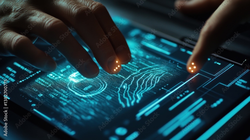 Cybersecurity Professional Interacting with Futuristic Touchscreen Interface Displaying Data