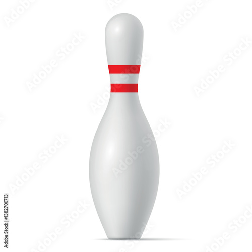 A bowling pin stands upright against a clean white background, showcasing its traditional shape and bright coloring