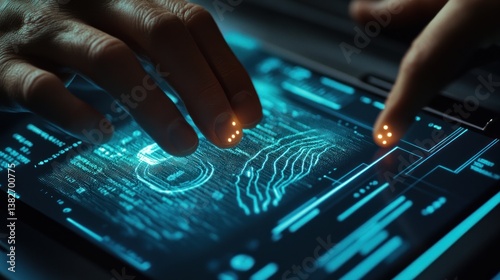 Obraz na płótnie Cybersecurity Professional Interacting with Futuristic Touchscreen Interface Displaying Data w salonie