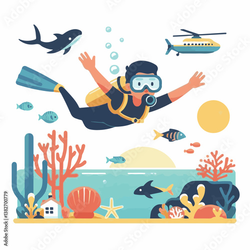 ocean, diver, sea, water, underwater, dive, marine, sport, swim, travel, diving, activity, aquatic, adventure, woman, nature, scuba, deep, tropical, isolated, extreme, leisure, illustration, man, vaca