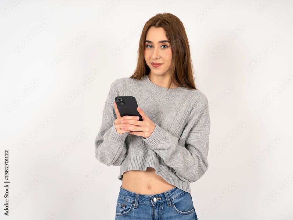 Fototapeta premium Caucasian young girl wearing grey sweater Mock up copy space. Using mobile phone, typing sms message