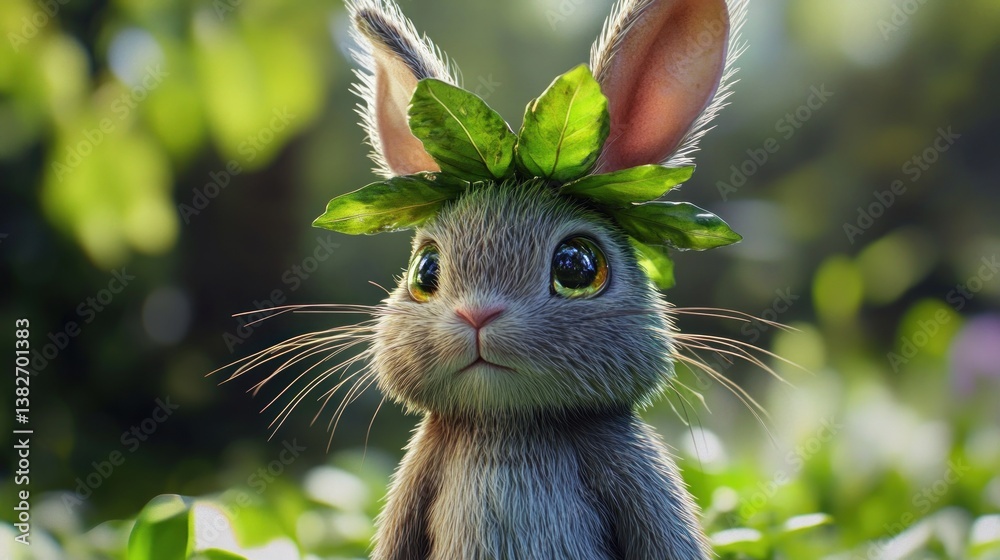 Enchanting woodland bunny portrait adorned with a verdant leaf crown detail