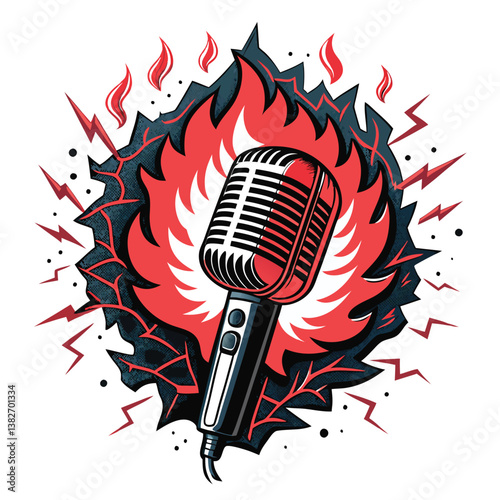 Design a bold, neon-colored vector illustration of a microphone with striking, thick strokes.  Focus on vibrant color and impactful visual style.