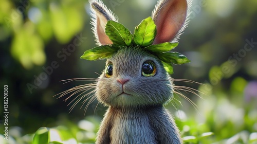 Obraz na płótnie Enchanting woodland bunny portrait adorned with a verdant leaf crown detail w salonie
