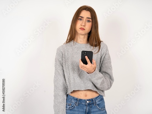 Upset dissatisfied Caucasian young girl wearing grey sweater uses mobile software application and surfs information in internet, holds modern mobile hand