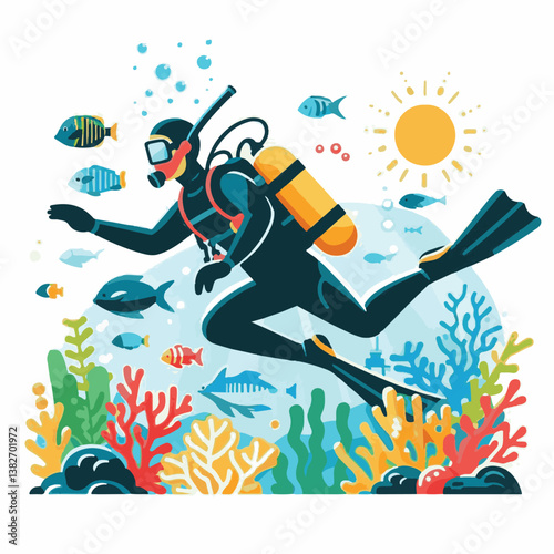 ocean, diver, sea, water, underwater, dive, marine, sport, swim, travel, diving, activity, aquatic, adventure, woman, nature, scuba, deep, tropical, isolated, extreme, leisure, illustration, man, vaca