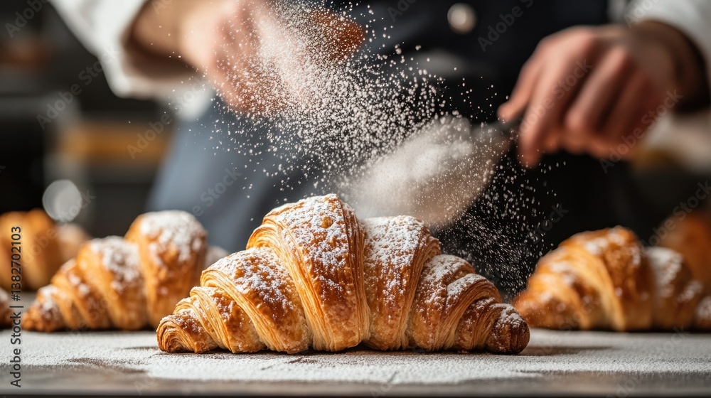 Artisan pastry chef delicately dusting freshly baked croissants with powdered sugar