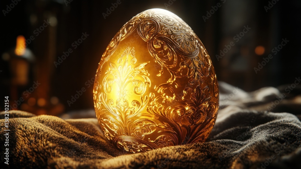 Intricately designed golden Easter egg with detailed filigree ornamentation