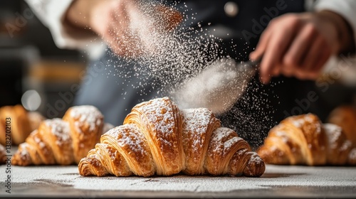Artisan pastry chef delicately dusting freshly baked croissants with powdered sugar