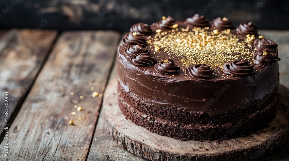 Exquisite chocolate cake with gold flakes, on a rustic wooden surface, perfect for celebrations