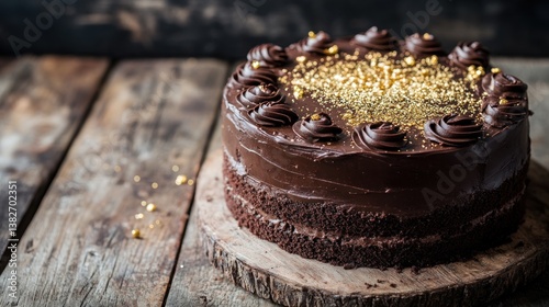 Obraz na płótnie Exquisite chocolate cake with gold flakes, on a rustic wooden surface, perfect for celebrations w salonie