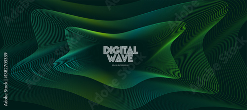 Abstract flowing waves made of glowing curved green lines on dark background, symbolizing data, music, or digital movement. Sound wave visual, tech concept art. Futuristic vector illustration