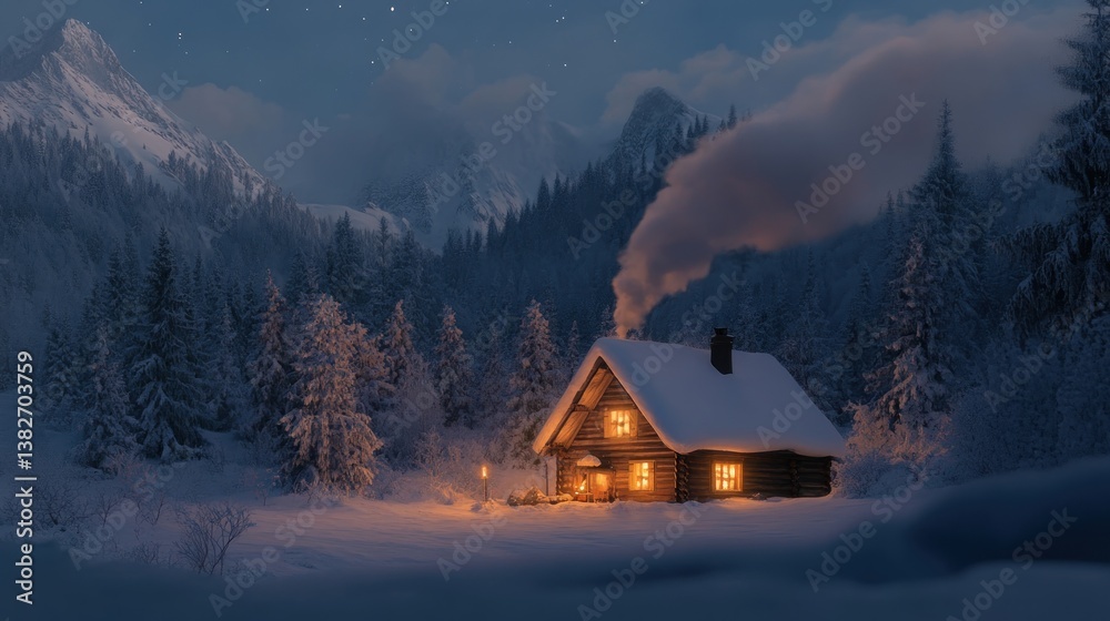 Winter retreat cabin aglow amidst snow-laden Alps landscape at twilight