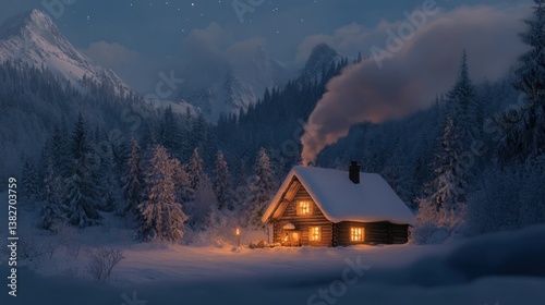 Obraz na płótnie Winter retreat cabin aglow amidst snow-laden Alps landscape at twilight w salonie