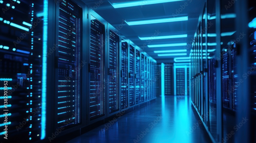 Futuristic data center corridor with rows of illuminated server racks and blue neon