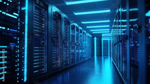 Obraz na płótnie Futuristic data center corridor with rows of illuminated server racks and blue neon w salonie