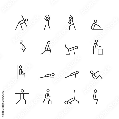 Fitness Exercises, linear style icon set. Various workout and stretching poses. Physical activity for strength, flexibility, and overall health. Push-ups, squats and lunges Editable stroke width