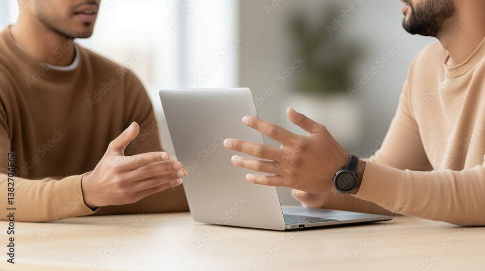 Two men discussing project with laptop in office setting Two men discussing project with laptop in office setting