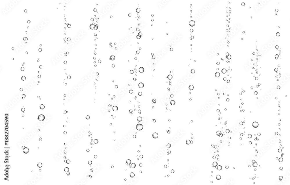 Oxygen air bubbles flow in water on white background. Oxygen air bubbles flow in water on white background.