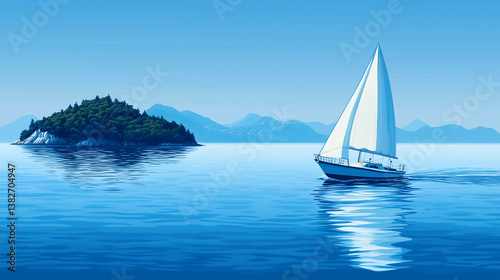 Sailboat by Tropical Island with Mountains