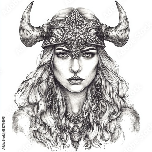 Detailed Viking woman head illustration suitable for tattoo art.