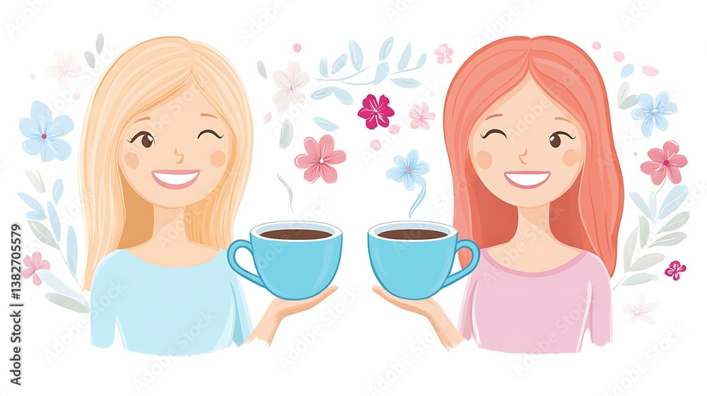 Two smiling women holding cups of coffee with floral designs Two smiling women holding cups of coffee with floral designs