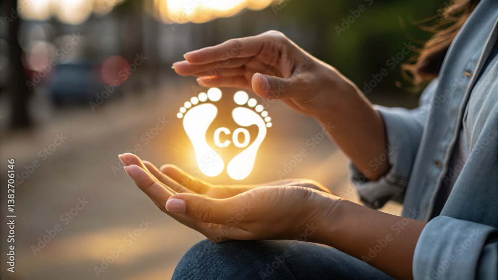 person holds glowing symbol of carbon footprint their hands, emphasizing importance of reducing emissions to achieve net zero goals our