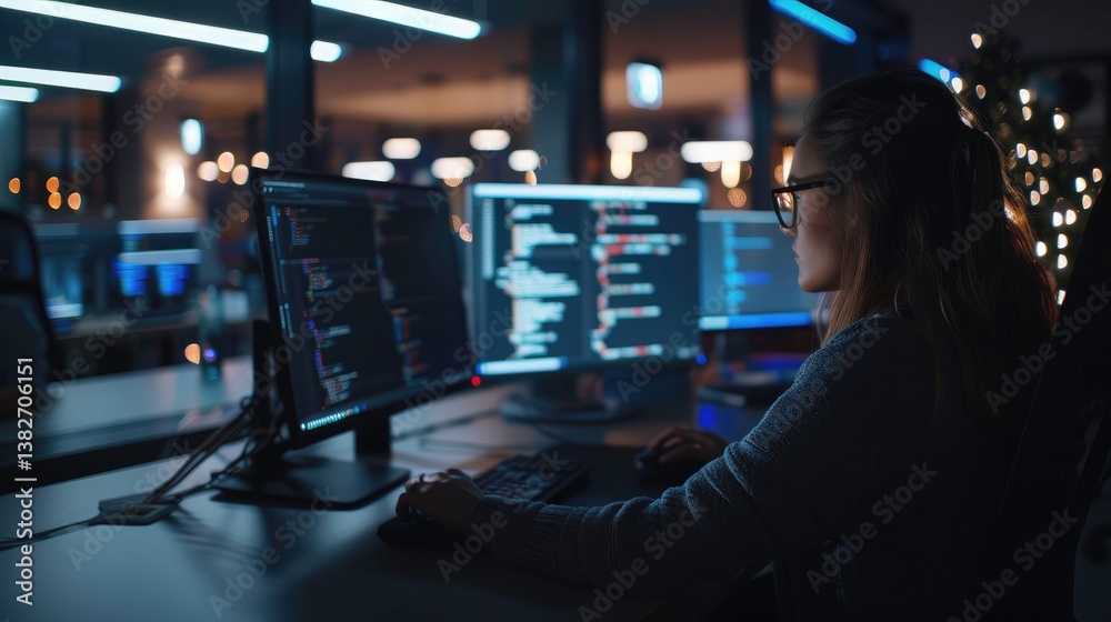 Focused Female IT Coder Working on Cybersecurity Hacking and AI Solutions Digital Software Focused Female IT Coder Working on Cybersecurity Hacking and AI Solutions Digital Software