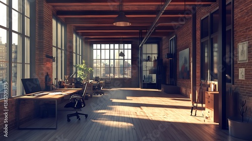 Creative loft office with exposed brick wallpapers