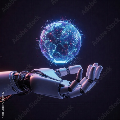 A robotic hand holding a glowing, stylized globe with rings, set against a dark background with red and blue lighting.

