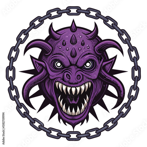 Design a bold, vector illustration of a mutant monster's head with striking, exaggerated features.  Focus on strong, graphic lines and vibrant color.