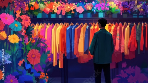 Elegant man browsing colorful shirts amidst vibrant floral displays in a shop