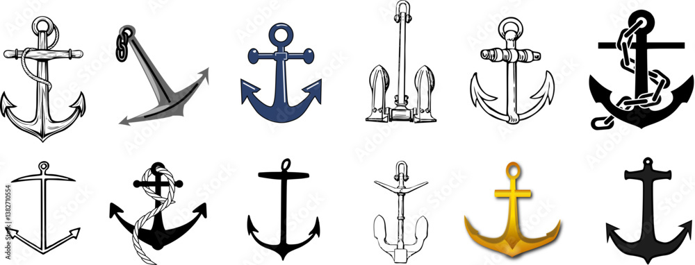 Anchor Vector Set - Nautical Maritime Anchors with Rope, Chain, Vintage and Modern Styles, Hand-Drawn and Minimalist Designs, Color Variations for Marine and Ocean Themes Anchor Vector Set - Nautical Maritime Anchors with Rope, Chain, Vintage and Modern Styles, Hand-Drawn and Minimalist Designs, Color Variations for Marine and Ocean Themes