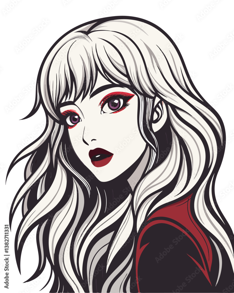 Create a vector illustration of a mysterious anime girl with bold, impactful strokes. Focus on dramatic lighting and intense eyes. Create a vector illustration of a mysterious anime girl with bold, impactful strokes. Focus on dramatic lighting and intense eyes.