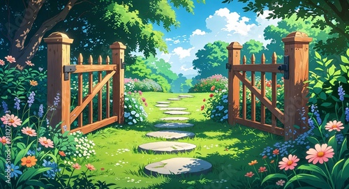 Garden gate made of wood with stepping stones leading across a lawn filled with flowers anime cartoon style illustration artwork design background