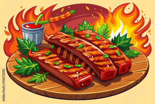 vector of Spicy hot grilled spare ribs from a summer BBQ