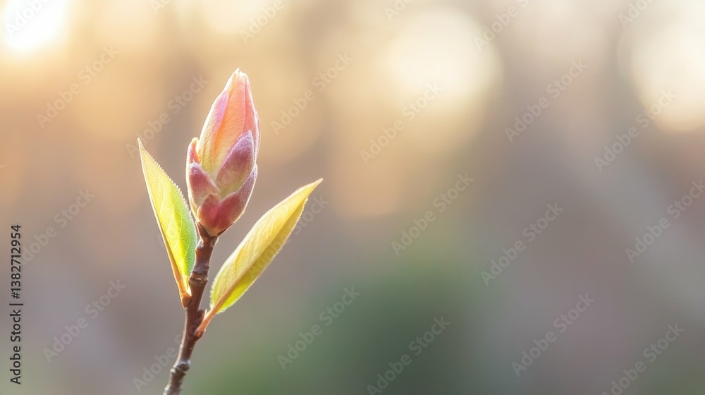 Fototapeta premium Emerging spring bud on branch against soft blurred background