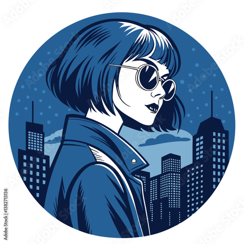 Create a vector illustration of a mysterious anime woman with bold, impactful strokes.  Focus on dramatic lighting and a captivating pose.