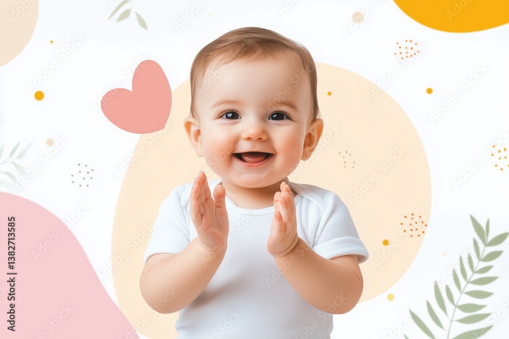 Smiling baby clapping hands with abstract heart design Smiling baby clapping hands with abstract heart design